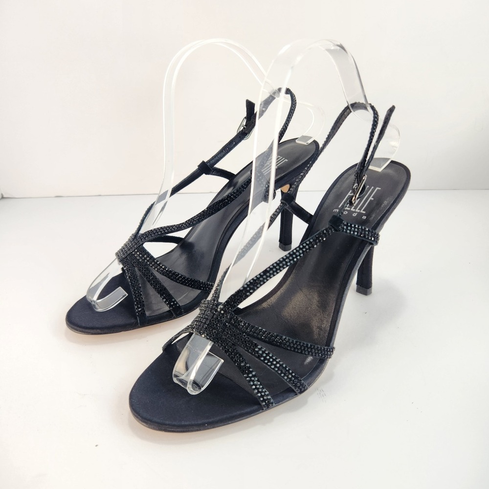Pelle Moda Women's 8.5 Black Rhinestone Strappy Slingback Heels Evening Party